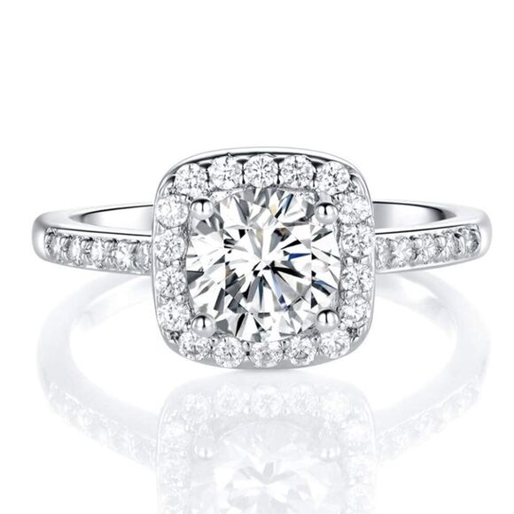 Silver Rhodium and White Diamond Cubic Zirconia Square Halo Ring - Picture 1 of 13